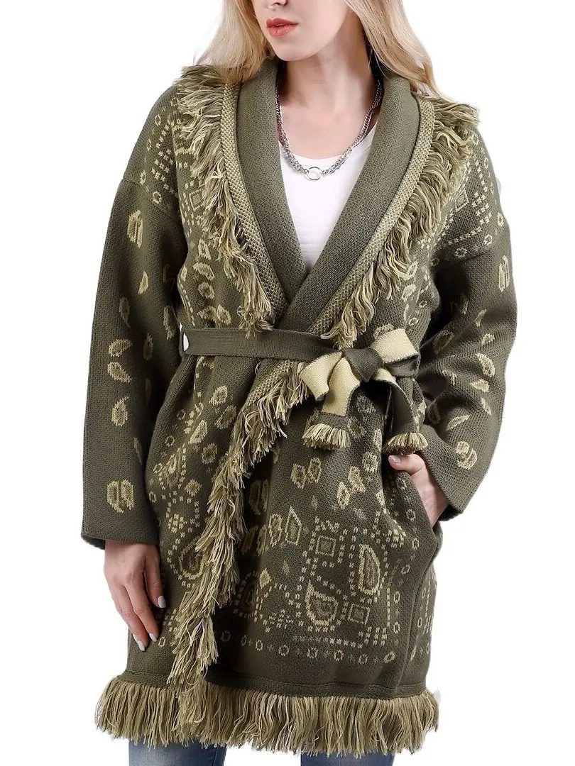 Gilet en Mélange de Laine Bohème Rétro pour Femmes Pull en Maille Jacquard Paisley Large Avec Franges et Ceinture Style Vacances