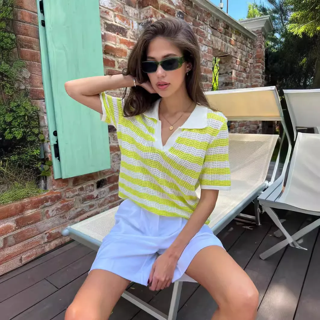 Women Short Sleeve Striped Knit Sweater Polo Collar V Neck Hollow Out Pullover Summer Casual Viscose Knitwear Top
