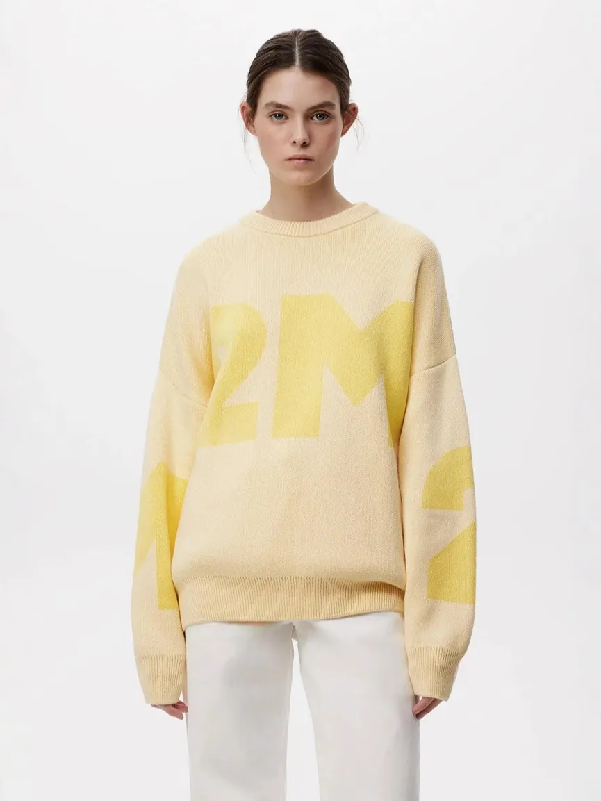 Damen Casual Oversize Strickpullover Rundhalsausschnitt Buchstabenmuster Langarm Pullover Herbst Winter Weicher Kernspinngarn Modisches Oberteil