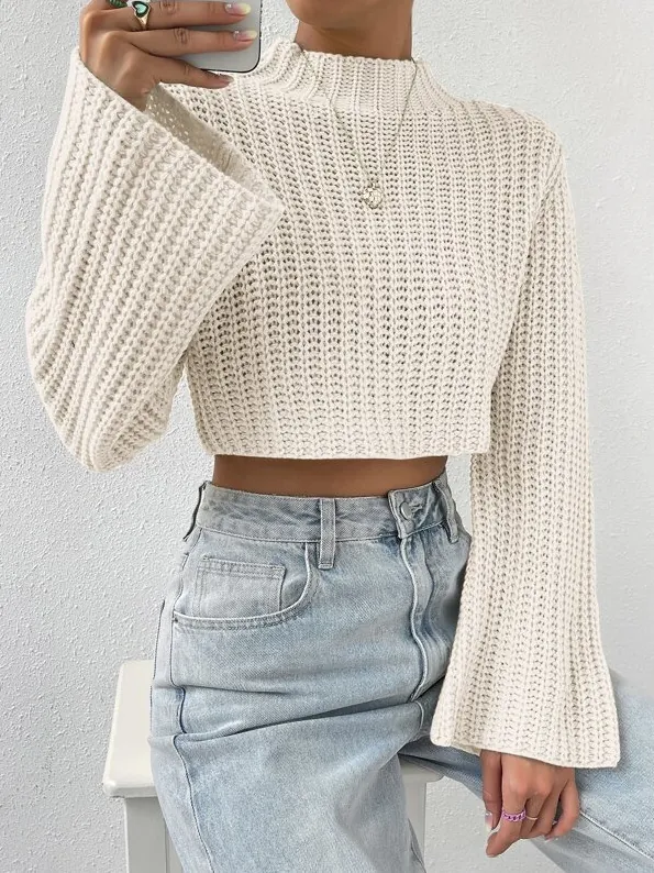 Women's European Style Flare Sleeve Mock Neck Cropped Knit Sweater Solid Color Loose Pullover Short Knitwear For Autumn Winter