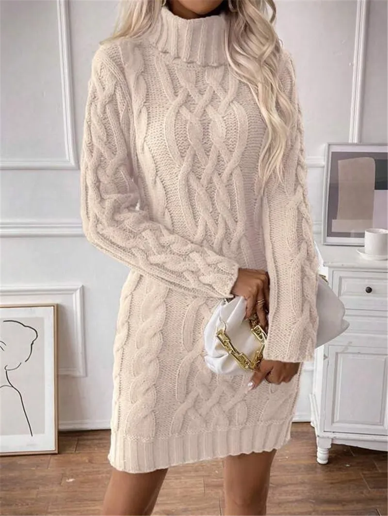 Women's High Neck Cable Knit Sweater Dress Autumn Winter Slim Fit Long Sleeve Knitted Midi Dress Solid Color Elegant Fashion