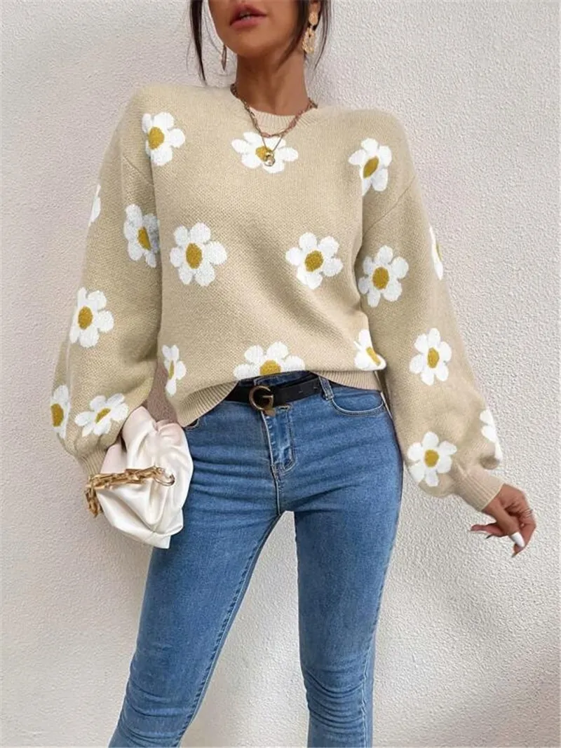 Pull en Maille Large pour Femmes Motif Marguerite Imprimé Floral Col Rond Manches Longues Oversize Streetwear Automne Hiver