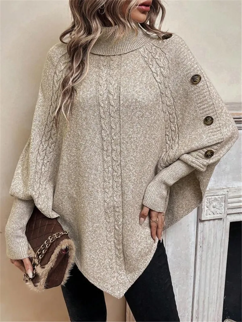 Maglione da Donna Stile Francese Treccia Collo Alto Maniche a Pipistrello Poliestere Acrilico Decorazione Bottoni Top Largo