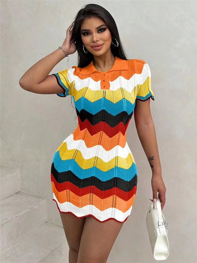 Women Color Block Polo Neck Knitted Dress Chevron Wave Pattern Short Sleeve Bodycon Slim Fit Sexy Sweater Dress Mini Dress