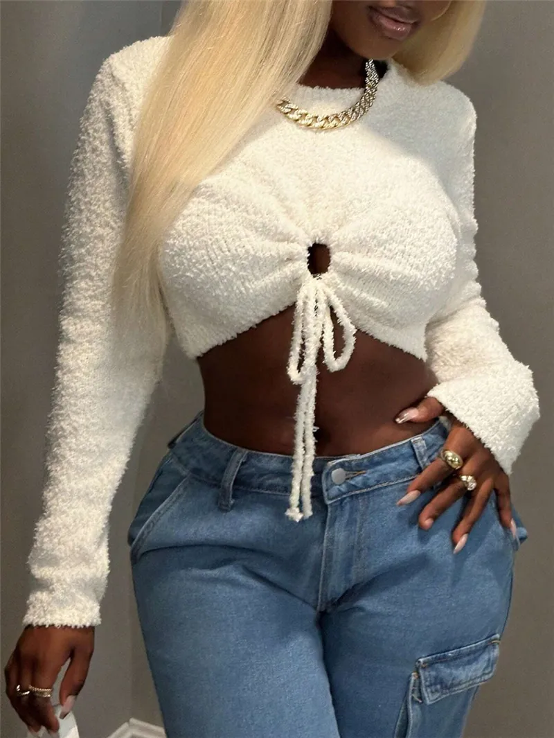 Damen Flauschiger Gekürzter Pullover Sexy Durchbrochener Langarm Top Schlanke Passform Einfarbig Polyester Strickoberteil