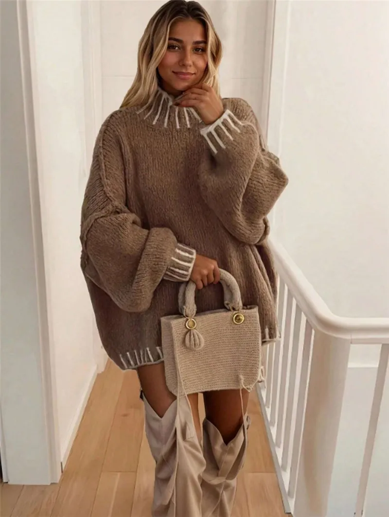 Women High Collar Contrast Color Polyester Knit Sweater Oversized Long Sleeve Pullover Loose Fit Autumn Winter Warm Top