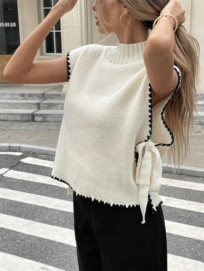 Damen Kontrastfarbe Muschelsaum Schleife Seitenbindung Strick Pullunder Ärmellos Stehkragen Lockerer Pullover Top Streetwear