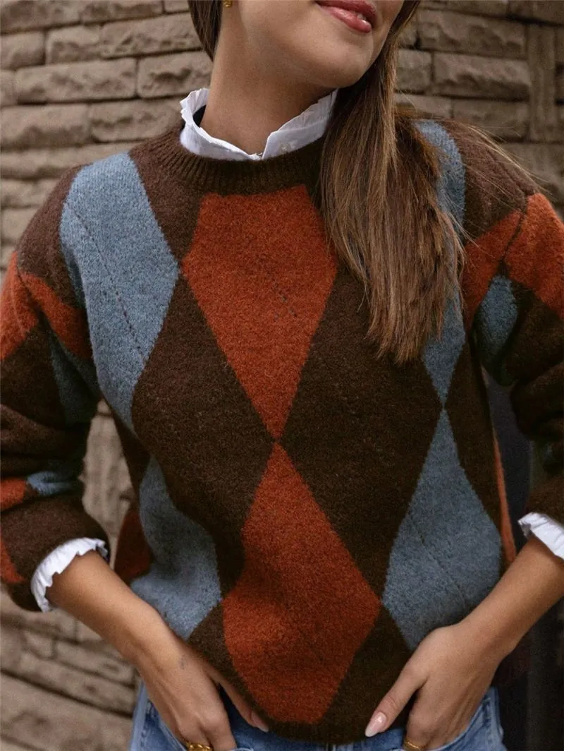 Pull en Tricot à Motif Argyle Rétro pour Femmes Coupe Ample Col Rond Manches Longues Automne Hiver Décontracté Polyester Top