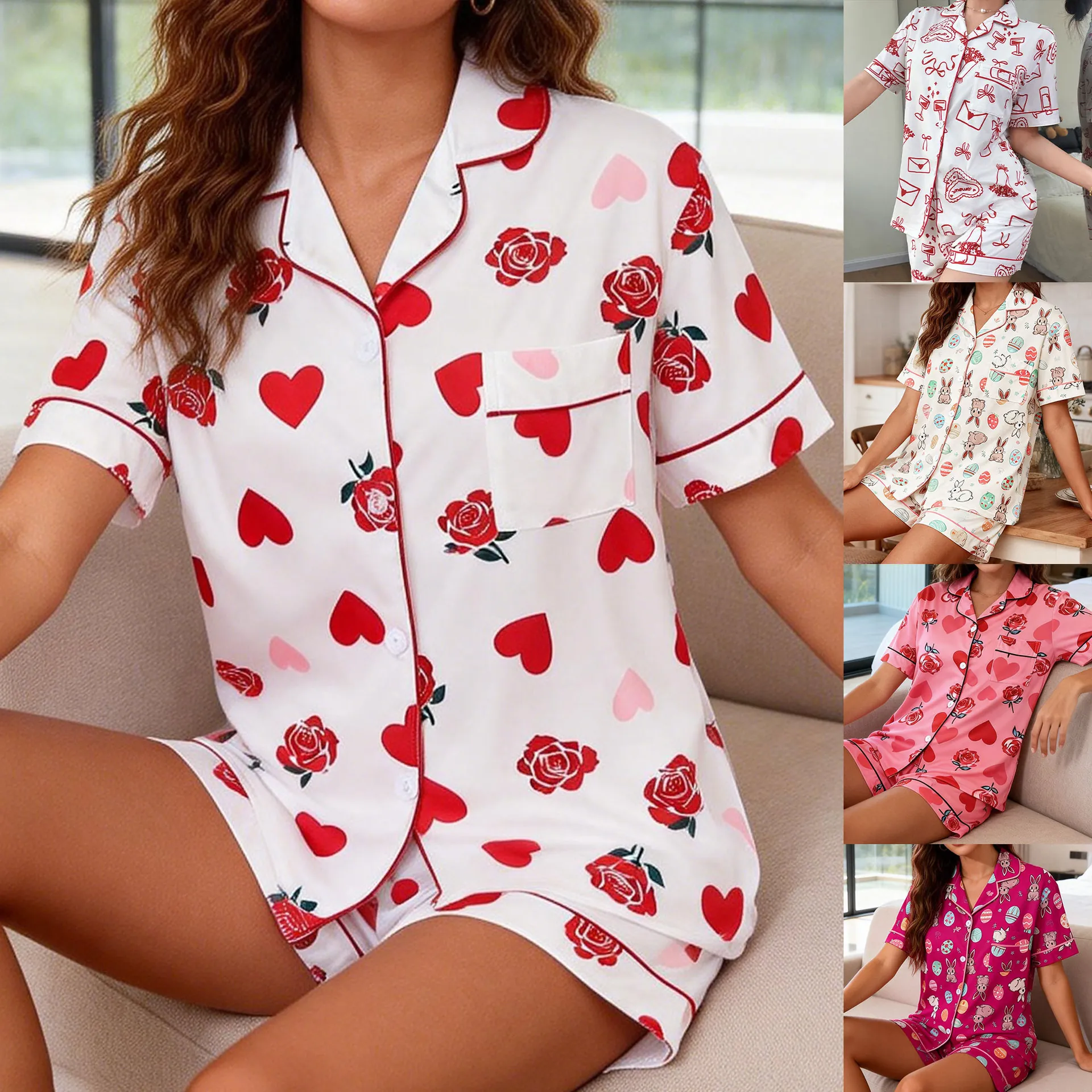 Women European Style Summer Pajamas Lapel Button Short Sleeve Top and Shorts Set Printed Casual Comfortable Loungewear