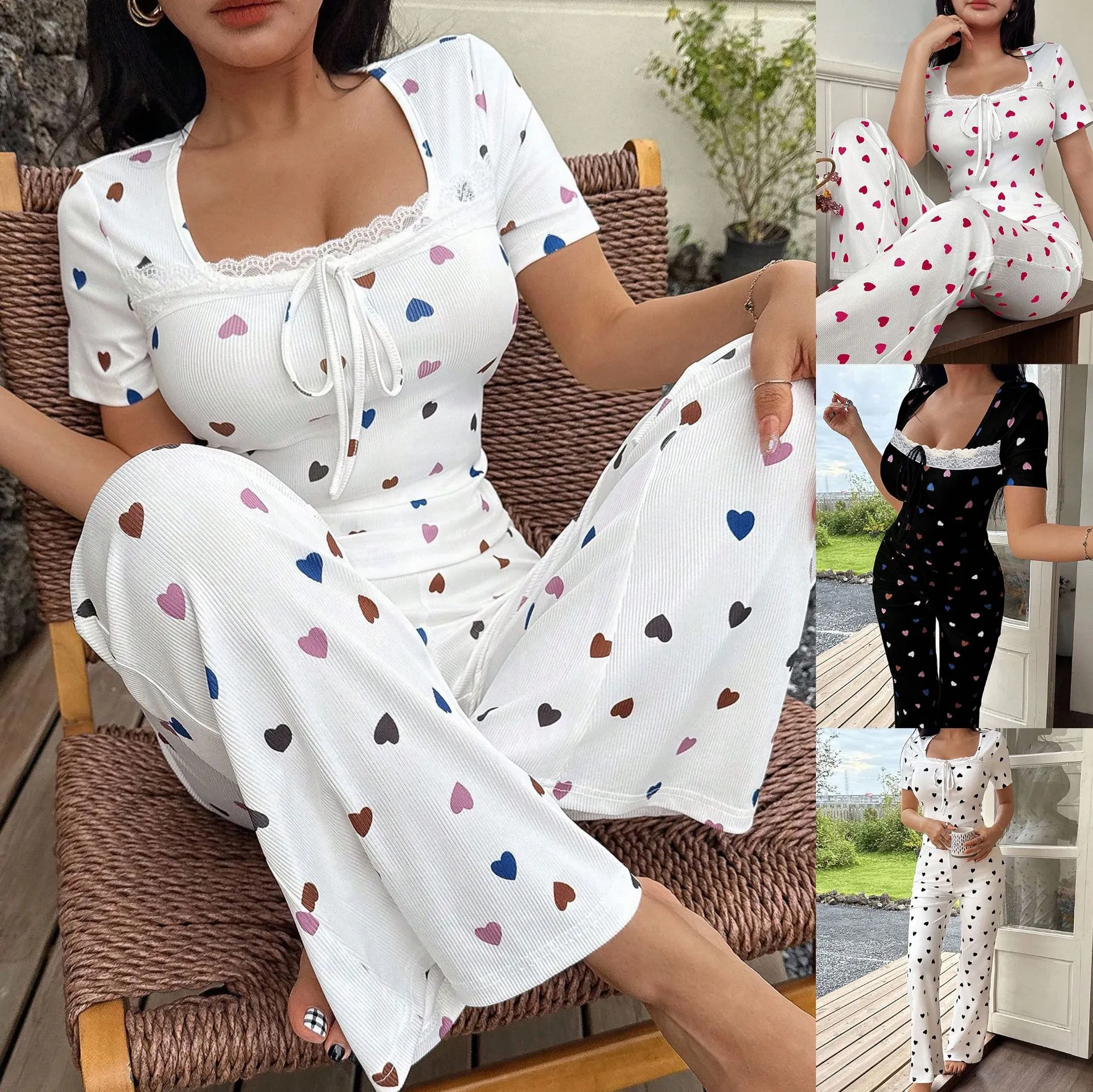 Women Sexy Heart Print Pajama Set Lace Trim Square Neck Short Sleeve Top And Bottom Casual Rib Knit Loungewear Nightwear