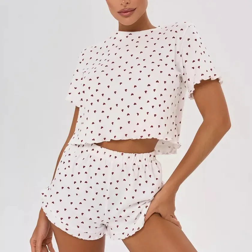 Women Cotton Heart Cherry Print Short Sleeve Top And Bottom Sweet Lettuce Edge Sleepwear Loungewear Nightwear Casual Pajamas
