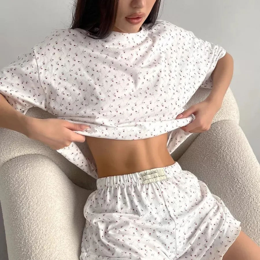 Dames Casual Bloemenprint Pyjamaset Katoenmix Ronde Hals Korte Mouw Top En Roffelzoom Shorts Loungewear Nachtmode