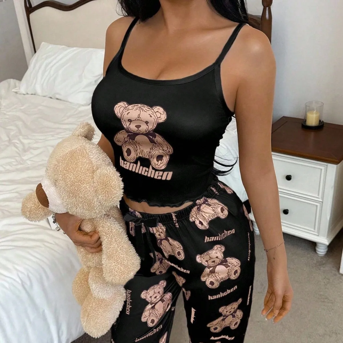 Ensemble de Pyjama Femme Polyester Imprimé Top à Bretelles et Pantalon Long Tenue de Détente Bordure Ondulée Sexy Vêtements de Nuit