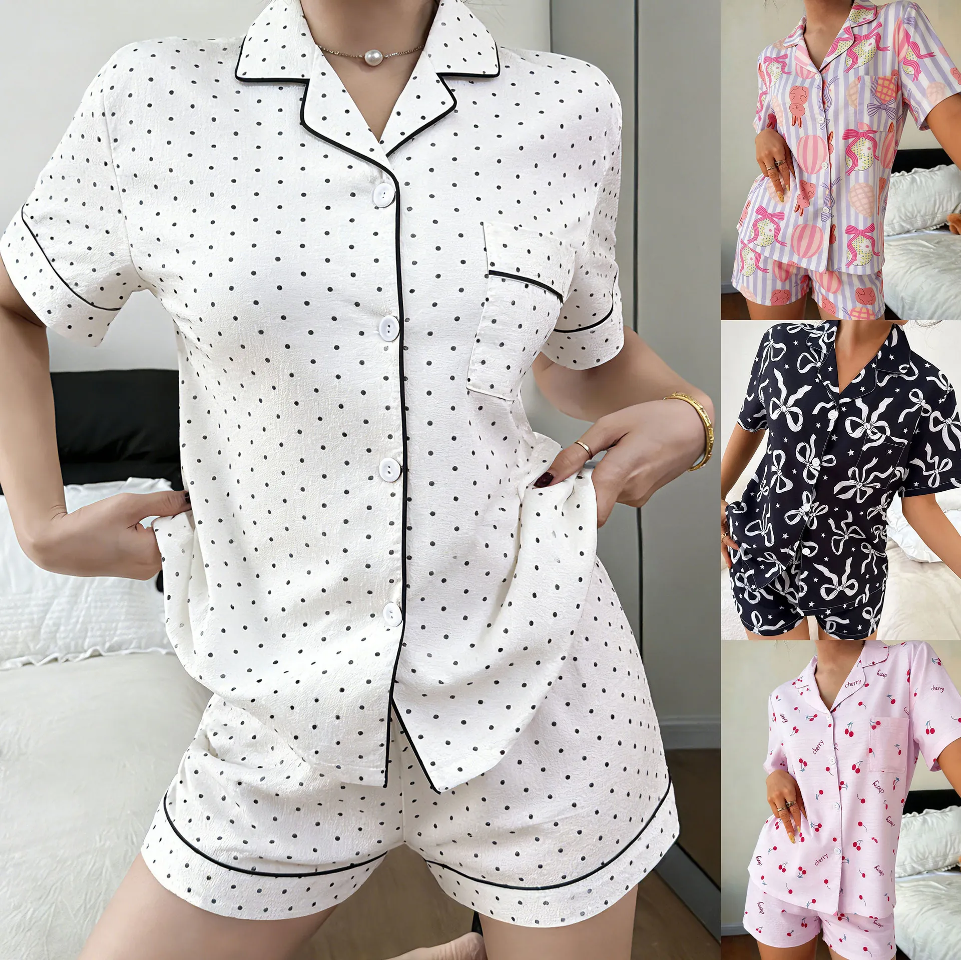 Damen Mode Schlafanzug Oberteil Und Unterteil Polyester Kurzarm Revers Knopf Hemd Und Shorts Loungewear Gemustertes Nachtwäsche Set
