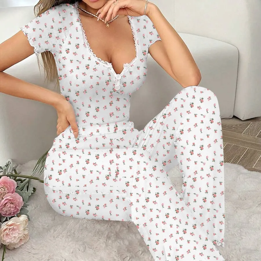 Dames Pyjamaset V-Hals Bloemenprint Ribgebreid Korte Mouw Top En Lange Broek Loungewear Met Golvende Rand