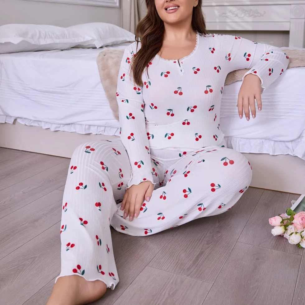 Ensemble de Pyjama Femme Imprimé Cerise Tricot Côtelé Bordure en Dentelle Top And Bottom Tenue de Détente Douce Vêtements de Nuit