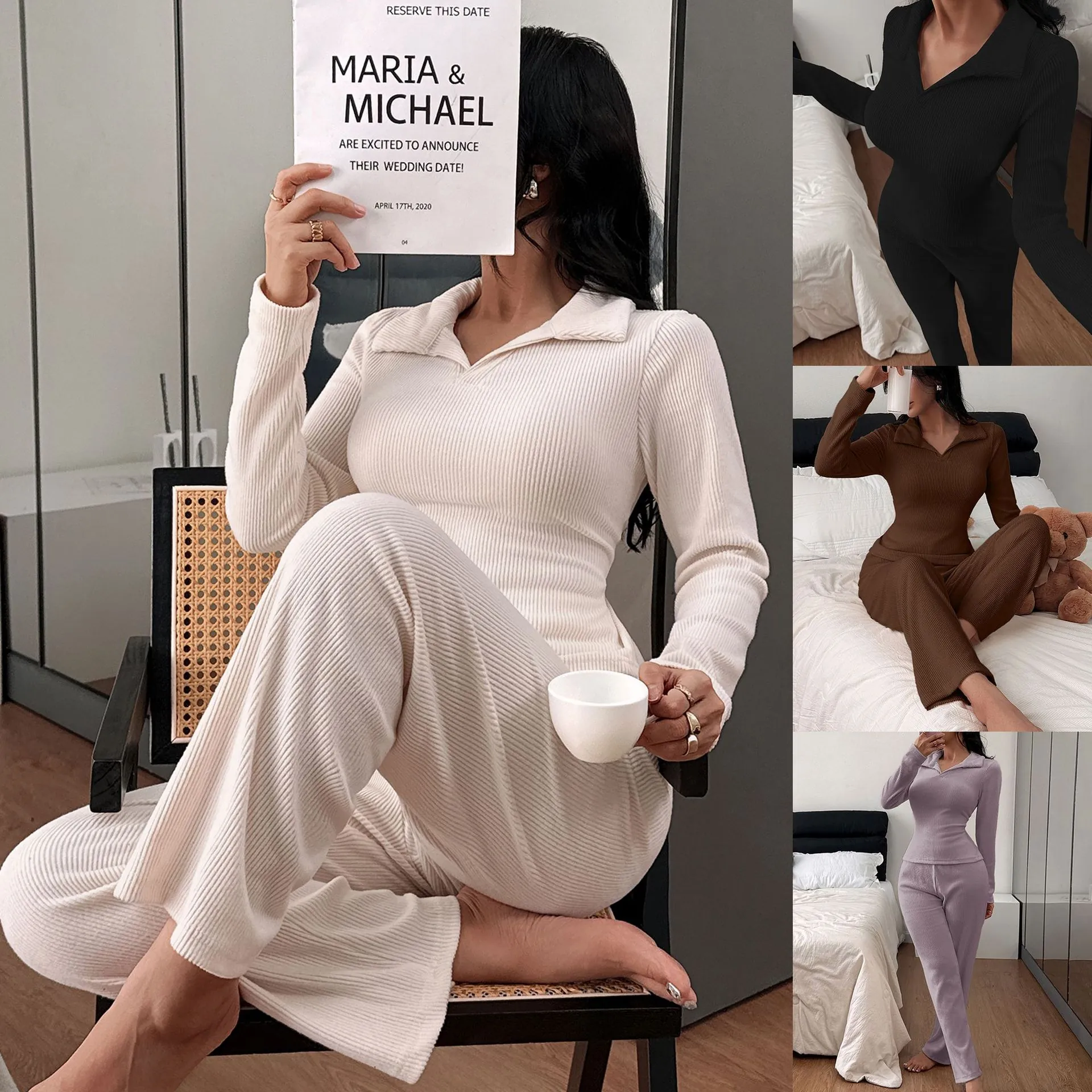 Women Knit Polo Pajamas Top And Bottom Ribbed Loungewear Fall Winter Casual Sleepwear Long Sleeve Trousers