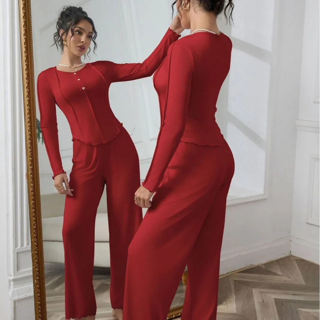 Women's Casual Ribbed Pajama Set Long Sleeve Button Top And Bottom Loungewear Set Solid Color Lettuce Edge Homewear