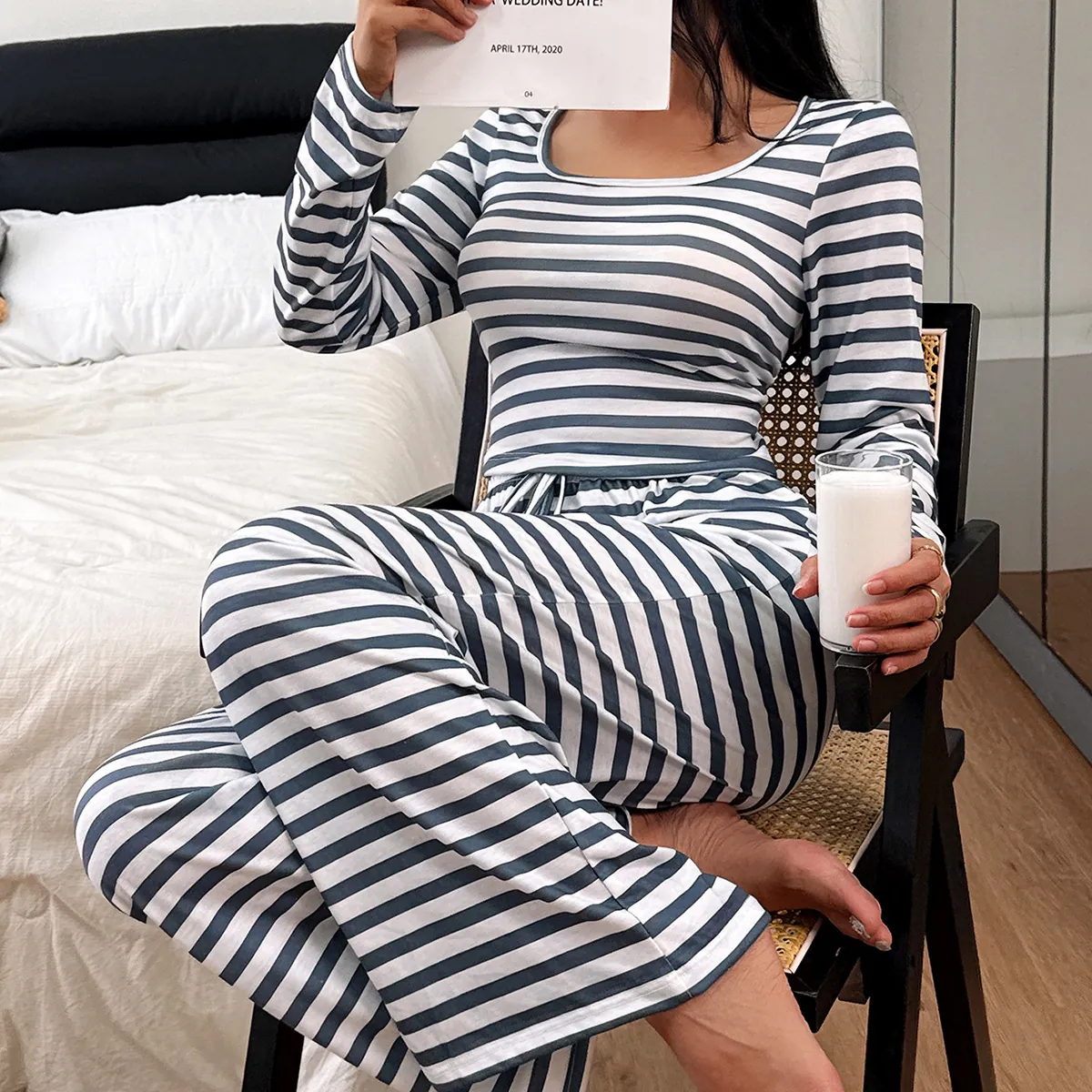 Women Square Neck Striped Pajama Set Long Sleeve Top And Bottom Loungewear Casual Sleepwear Polyester Stripe Printed