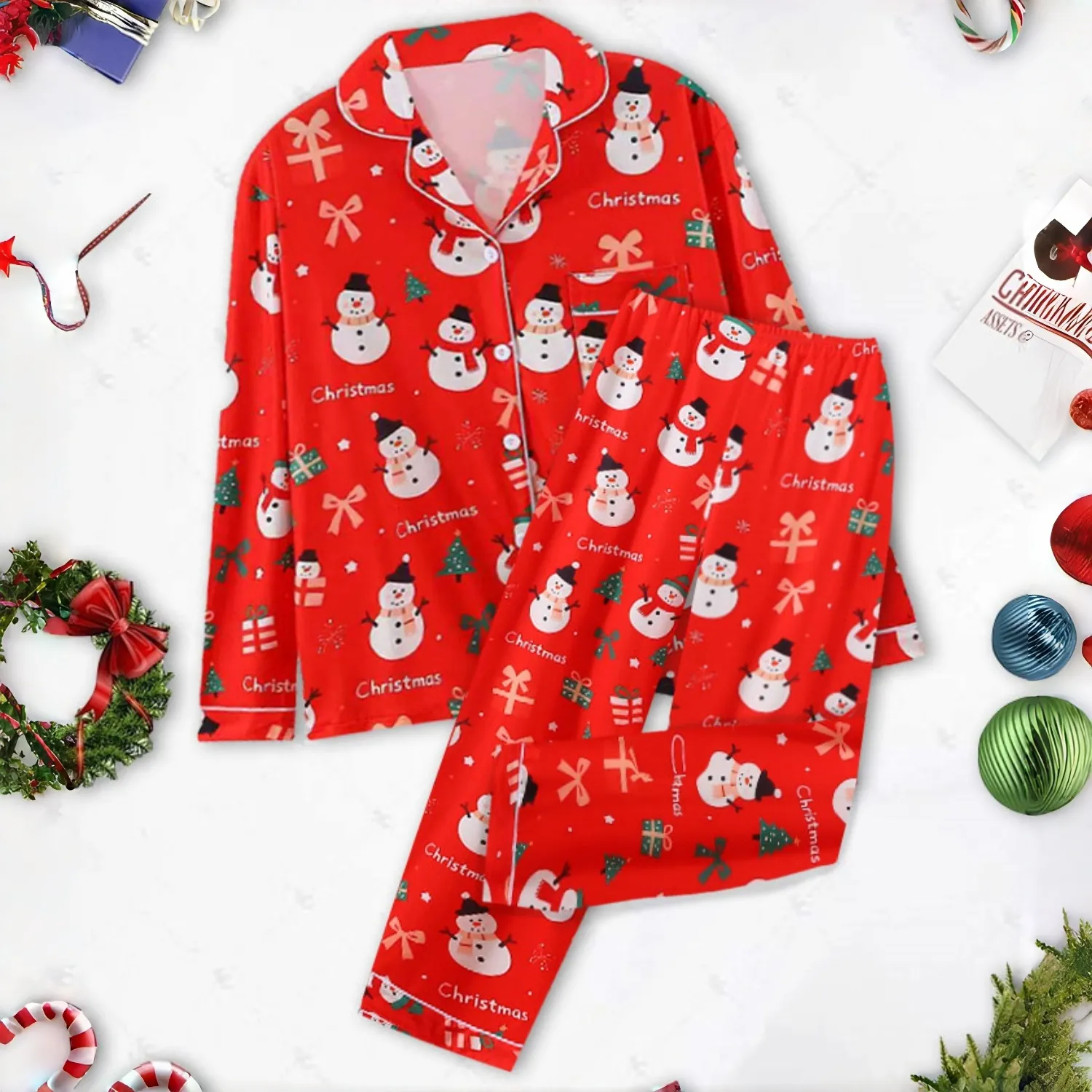 Ensemble de Pyjama de Noël pour Femmes Imprimé Bonhomme de Neige Col Revers Manches Longues Boutonné Haut et Bas