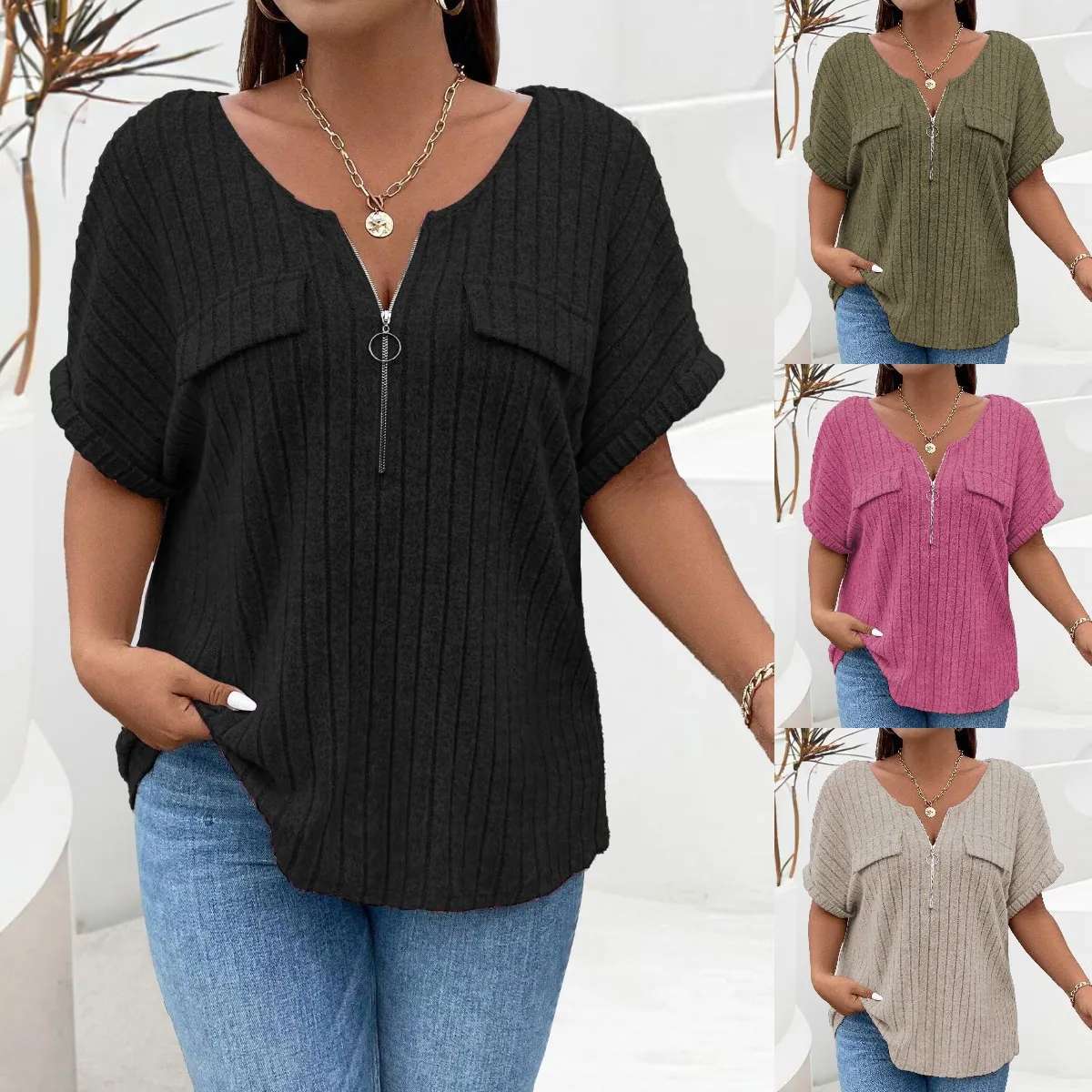 Camiseta de Talla Grande para Mujer de Punto Acanalado con Cuello en V y Cremallera Casual de Manga Corta Color Sólido Top con Bolsillos