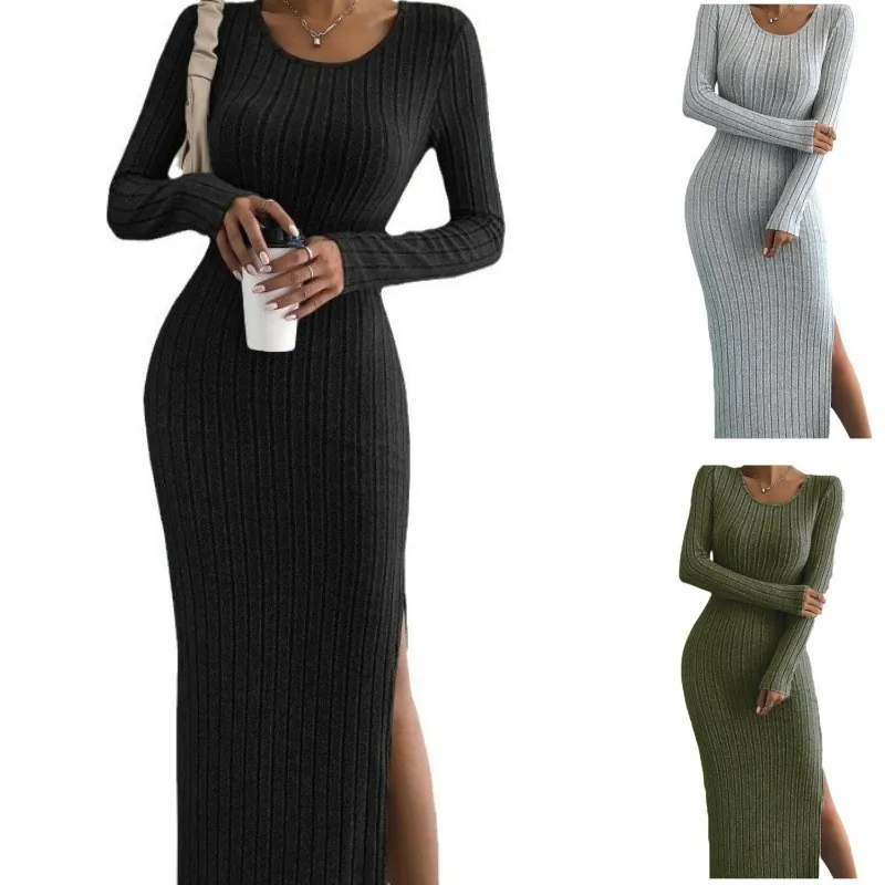 Vestido Largo de Punto Acanalado para Mujer Manga Larga Cuello Redondo Abertura Lateral Corte Ajustado Bodycon Vestido Suéter Otoño Invierno Casual