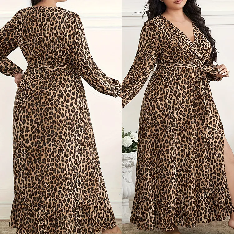 Women Plus Size Leopard Print Maxi Dress Sexy V Neck Long Sleeve Side Split Ruffle Long Dress Elegant Slimming Fall Spring Top