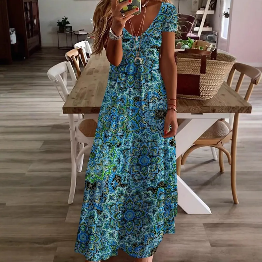 Damen Kurzarm V-Ausschnitt Mandala Druck Maxikleid Sommer Patchwork Bedruckt Böhmisches A-Linien Party Lässiges Kleid Top And Bottom