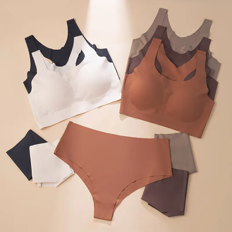 Damen Nahtloses Eis Seide BH Set Ohne Bügel Push Up Racerback Sport Bralette Und Slip Zweiteiliges Intimwäsche Set Top Und Bottom