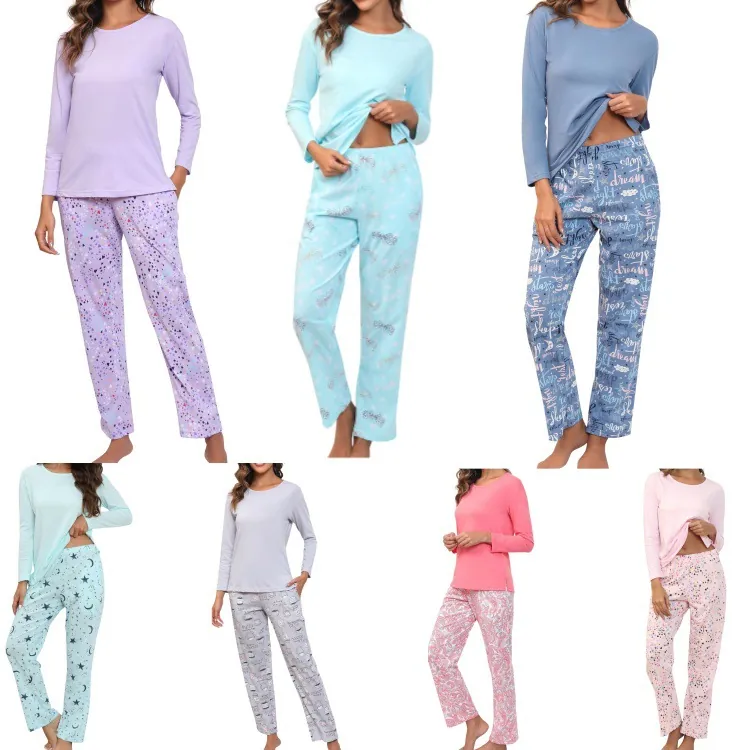 Ensemble Top Et Bottom Loungewear Décontracté Femme T-Shirt Manches Longues Pantalon Imprimé Étoiles Cœur Pyjama