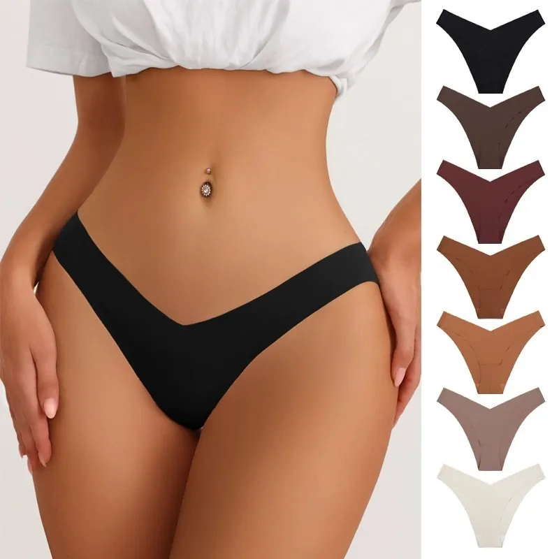 Bragas de Seda de Hielo Sin Costuras para Mujer Cintura Baja en Forma de V Transpirables de Secado Rápido Ropa Interior Deportiva Yoga Color Sólido Nailon de Punto