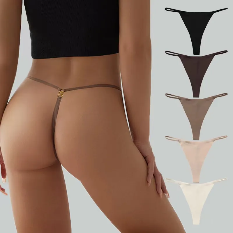 Women Seamless Sexy T-Back Thong Skinny Strap Gold Ring Buckle Cotton Crotch Low Waist Fitness One-Piece Panties