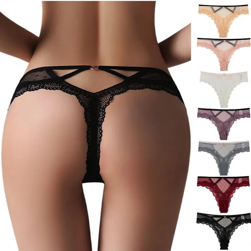 Bragas Sexy de Encaje para Mujer Estilo Europeo Calado Transparente Malla Lunares Transpirable Nailon Algodón Cintura Media