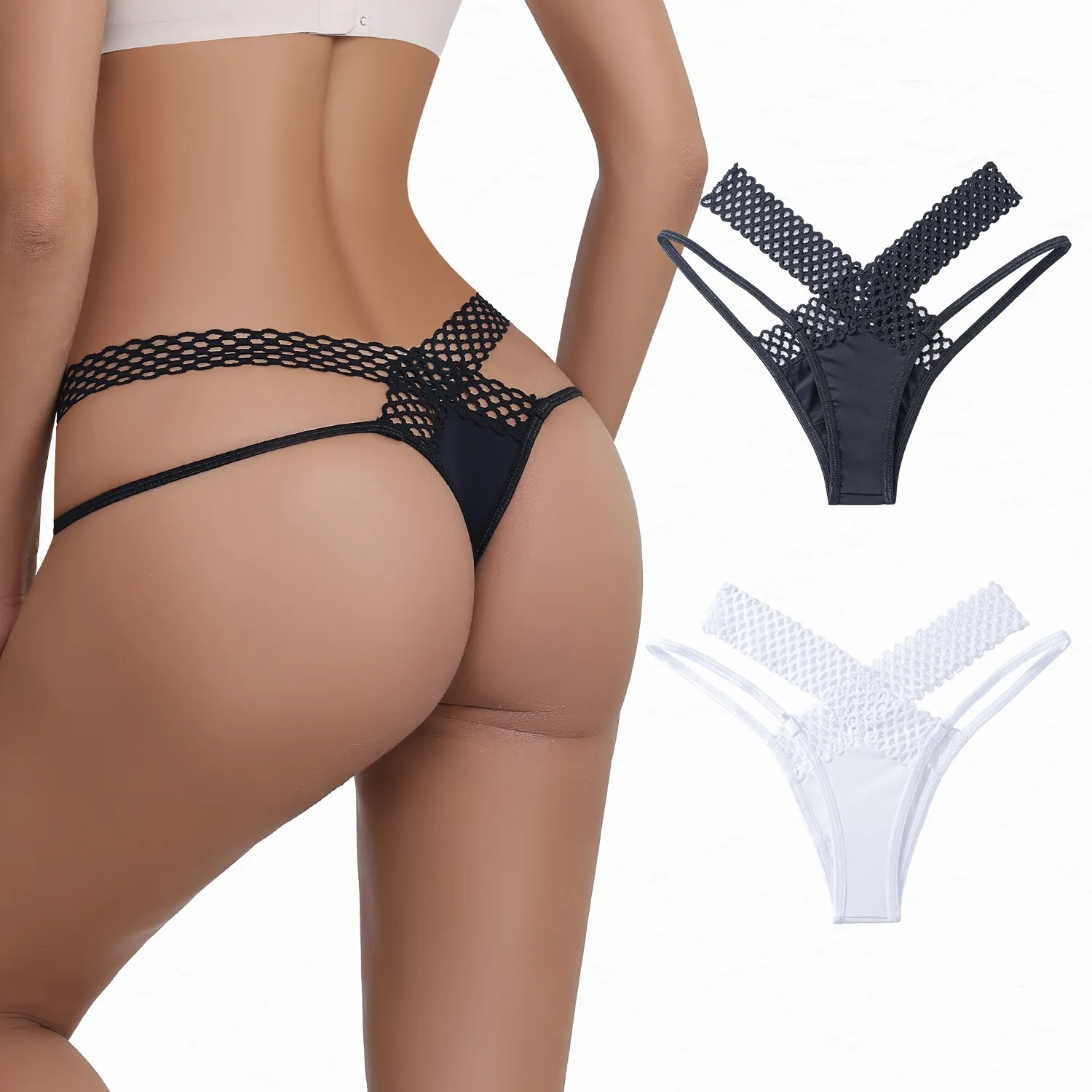 String Sexy pour Femmes en Soie Glacée avec Design Ajouré Taille Basse Fines Brides G-String Respirant Lingerie Séduisante