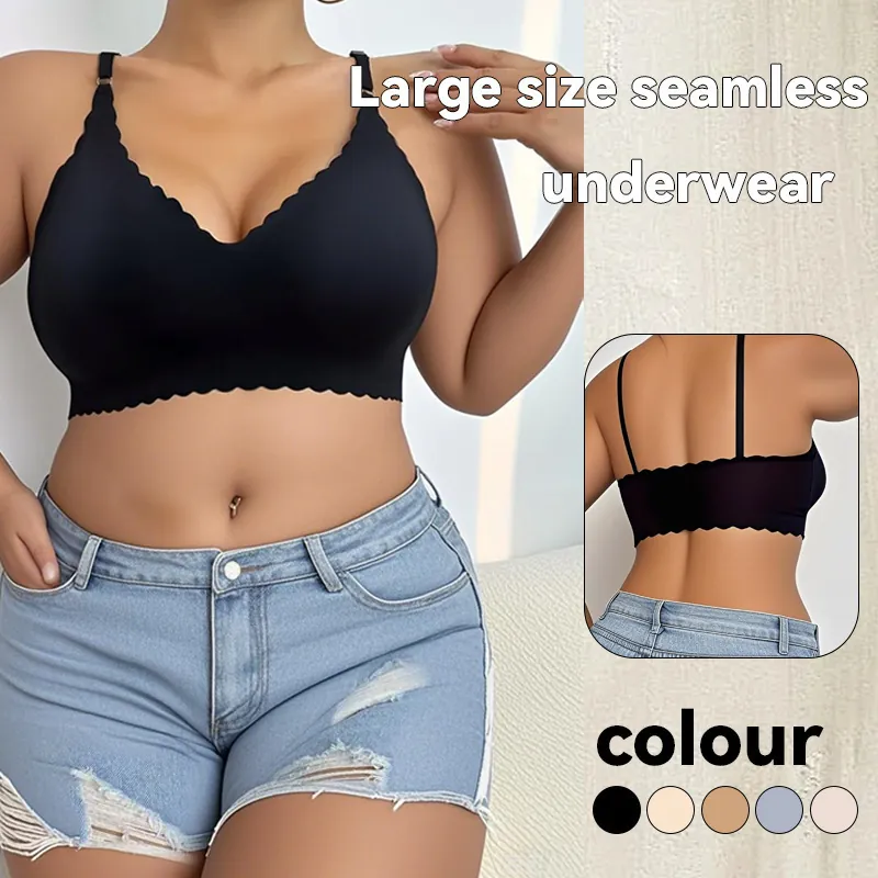 Women Plus Size Seamless Wireless Bra Push Up Scalloped Edge Breathable Sexy Back Lingerie For Daily Fitness Adjustable Straps Nylon Bra