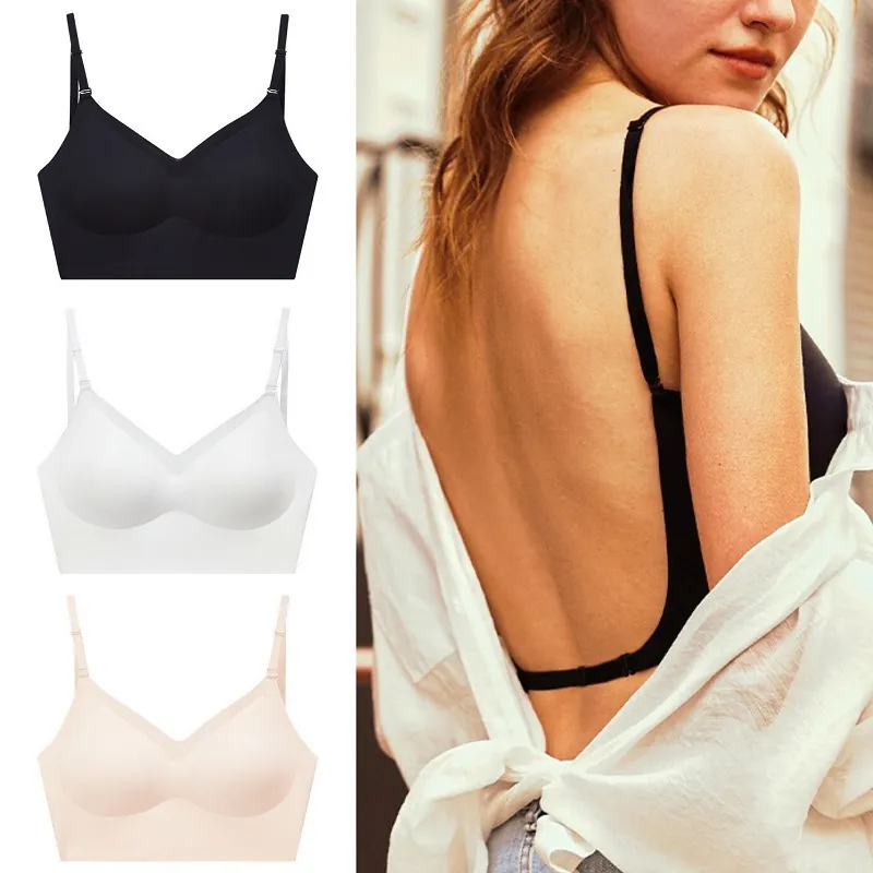 Women's Seamless U-Shaped Backless Bra Invisible Multi-Way Straps Wire-Free Thin Padded Bralette Sexy Lingerie Top