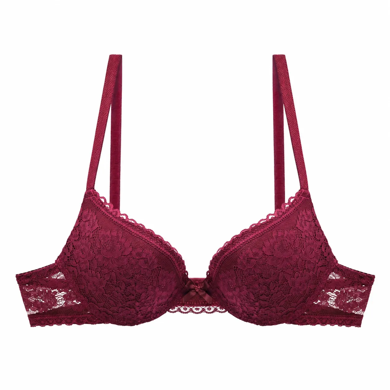 Damen Sexy Floral Bedruckter Spitzen BH Dünne Dreieckskörbchen Push Up Bralette Halbtransparenter Spitzenbesatz Schleife Dekor Lingerie Top