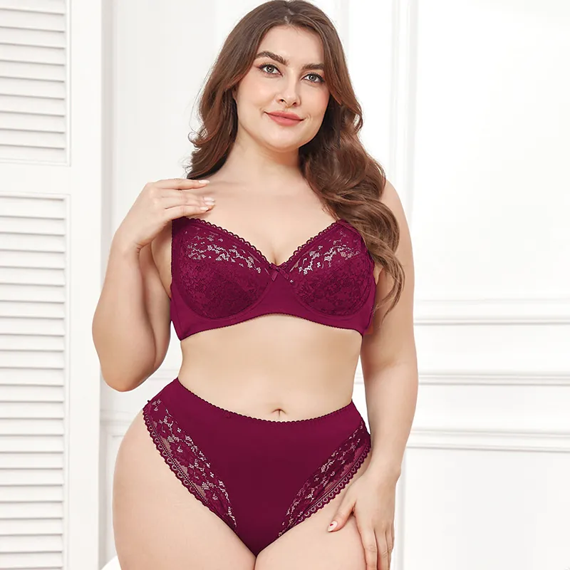 Ensemble de Lingerie Grande Taille pour Femmes Soutien Gorge en Dentelle Ultra Mince et String Sexy Taille Basse Nylon