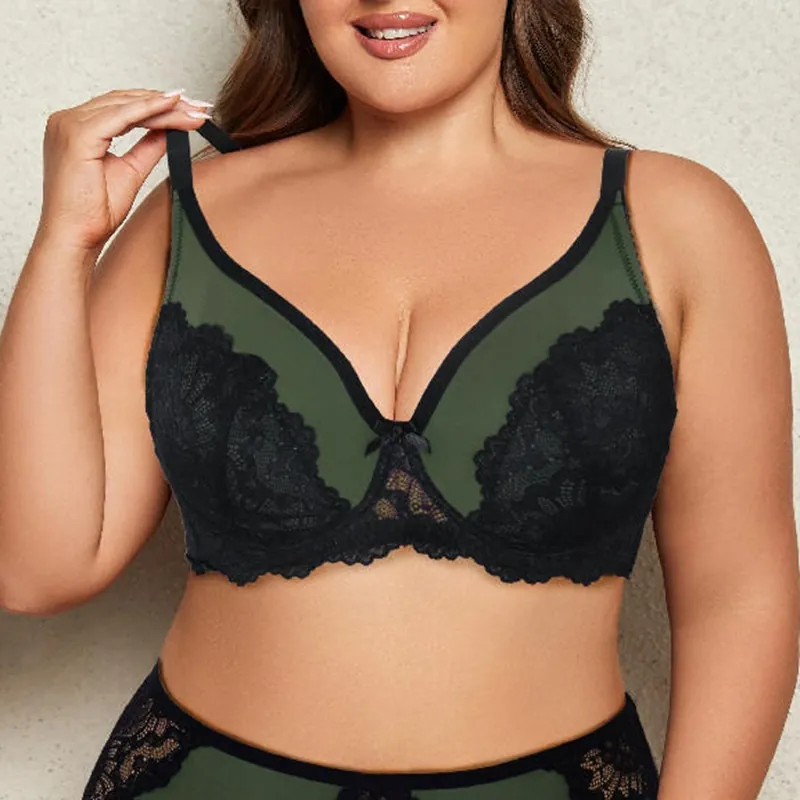 Women Plus Size Sexy Floral Lace Bra Thin Unlined Full Cup Push Up Underwear Breathable Comfortable Everyday Lingerie