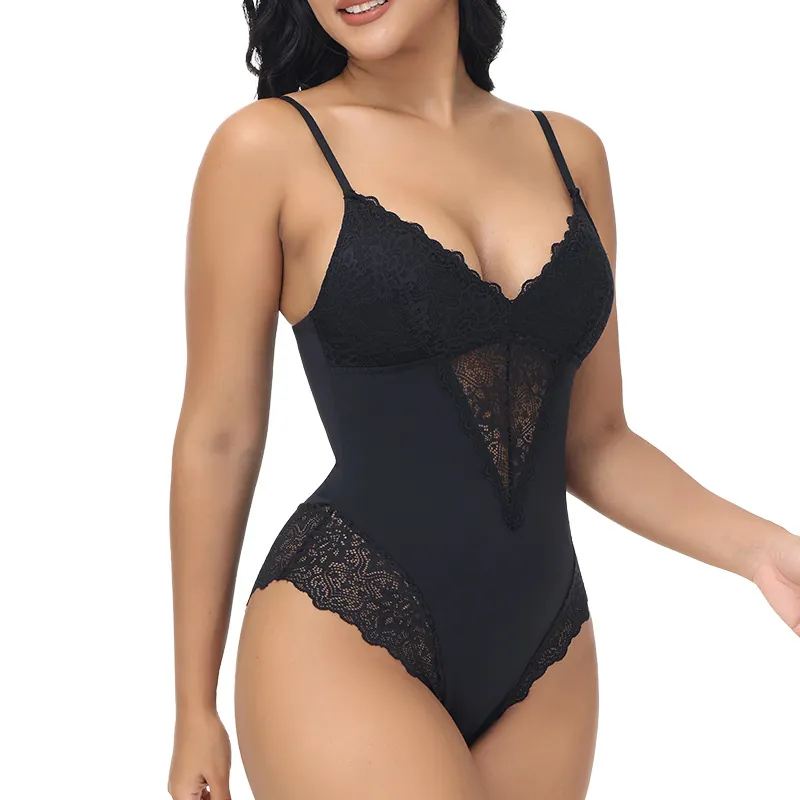 Women Deep V Lace Bodysuit Shapewear Tummy Control Waist Cincher Butt Lifting High Elasticity One Piece Top And Bottom Everyday Invisible Waist Trainer