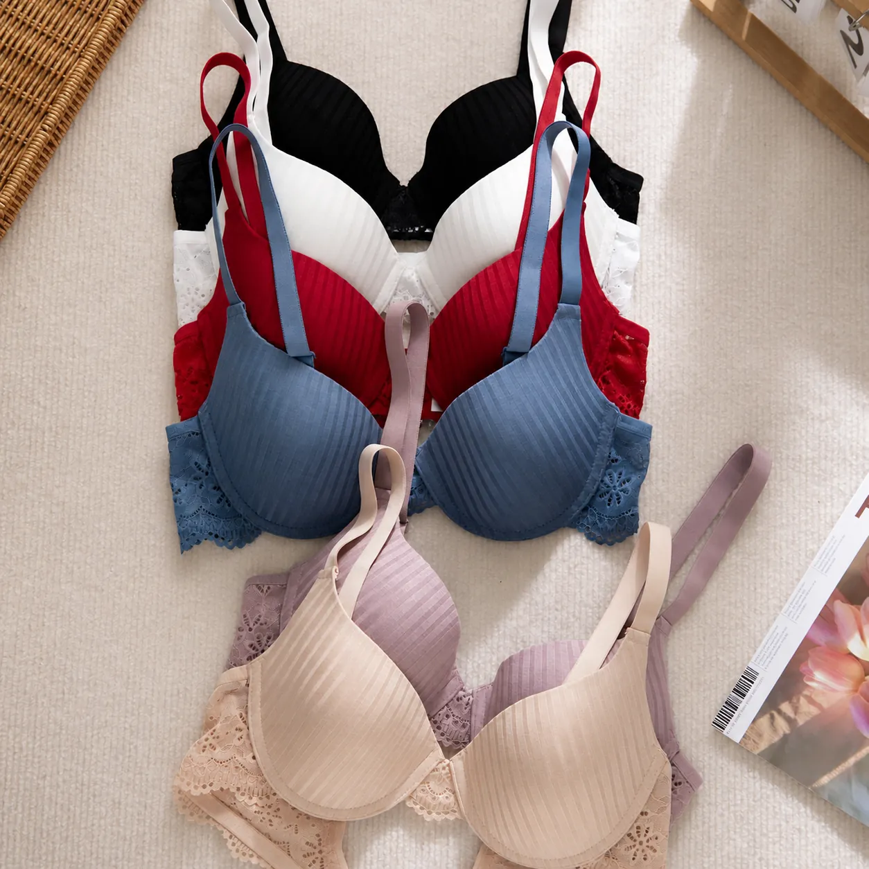 Women Sexy Lace Underwired Push Up Bra Noble Ribbed Cotton Comfortable Adjustable Lingerie Floral Embroidered Top