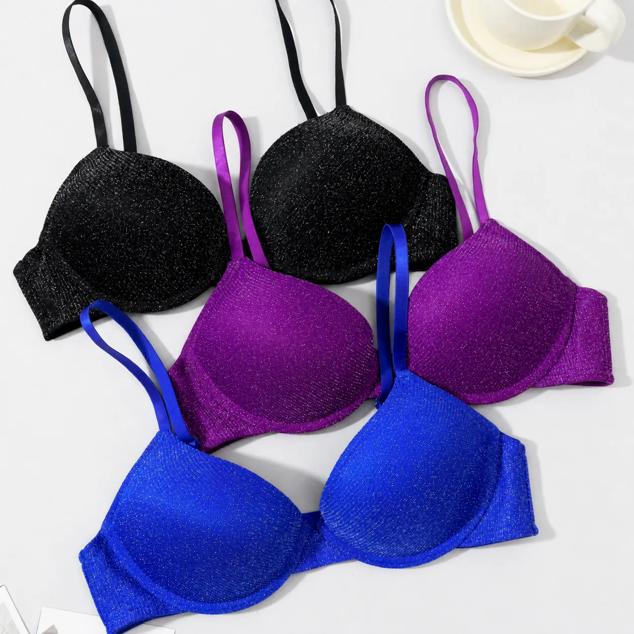 Women's French Style Sexy Glitter Bra For Women Push Up Gathered Bra Thin Straps Sparkly Nylon Fabric Comfortable Lingerie Underwear