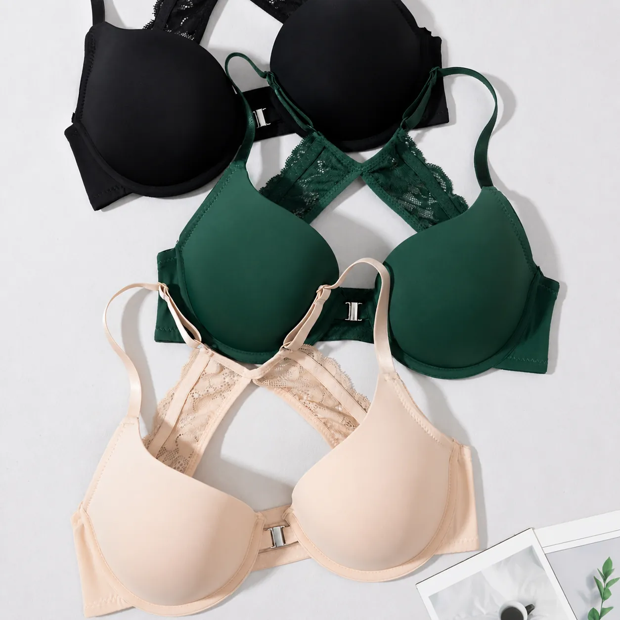Damen Sexy Vorderverschluss Push-Up BH Glatte Oberfläche Blumen Spitze Schöner Rücken Lingerie Verstellbare Träger Bügel BH