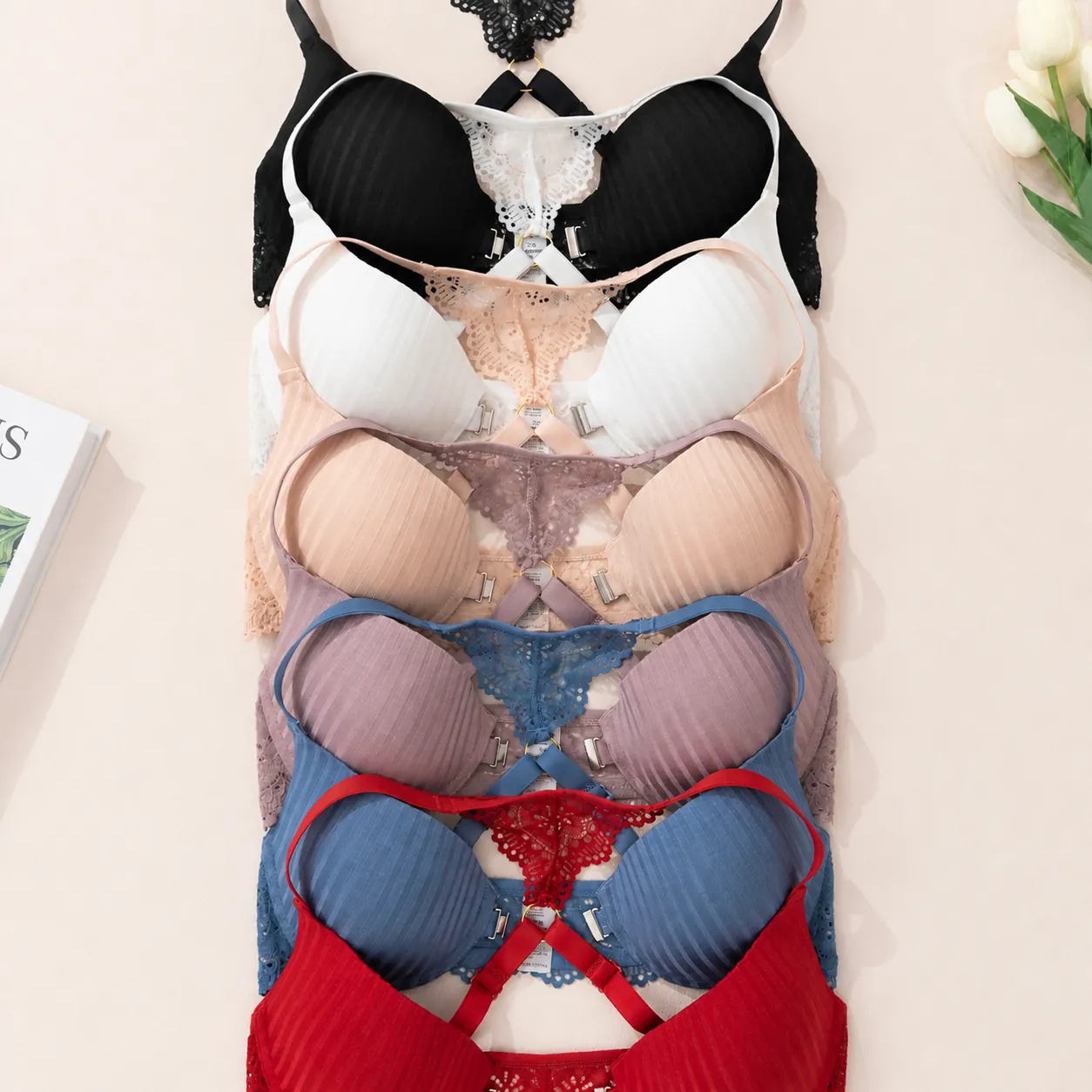 Women sexy Front Closure Push Up Bra French Style Striped Lace Racerback Underwired Breathable Lingerie Sexy Underwear Bra Top