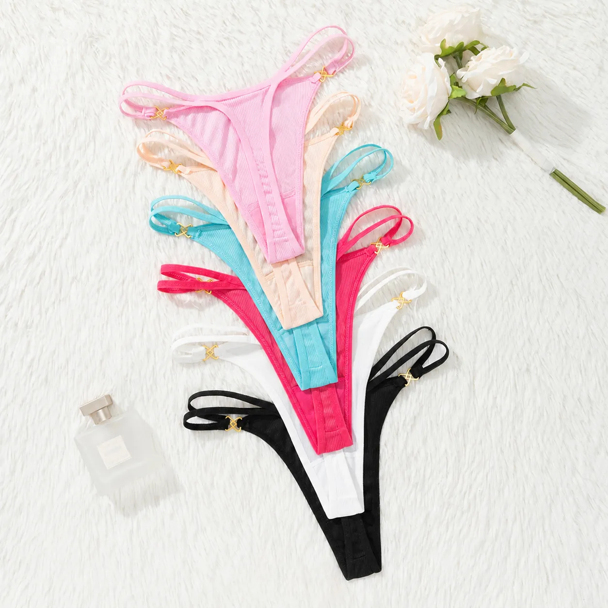 Women Sexy Ribbed Thong Low Waist Thin Strap Panties With Metal Decor Solid Color Bikini Underwear G-String