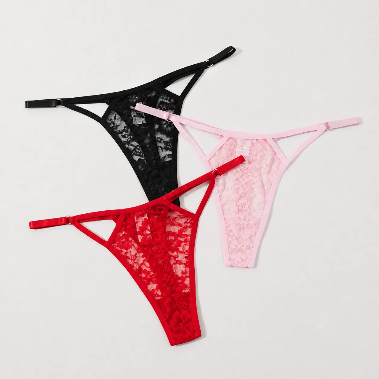 Women's Sexy Lace Thong G-String Panties Hollow Out Strappy Nylon Breathable Cotton Crotch Adjustable Low Waist Underwear