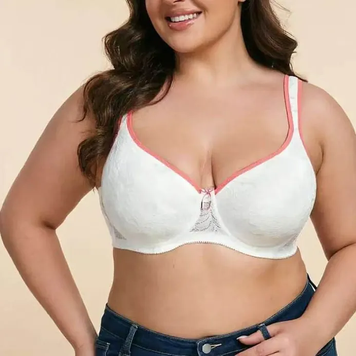 Women Plus Size Lace Bra With Wide Pressure Relieving Shoulder Straps Comfortable Thin Cup Floral Lace Lingerie Top Anti Sagging