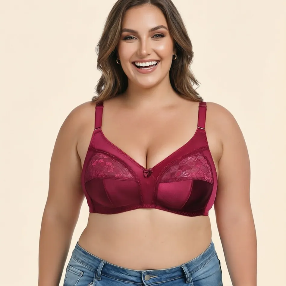 Women's Plus Size Wine Red Bra Ultra-Thin Lace Embroidery Wire-Free Full Cup Lingerie Transparent Comfortable Underwear Top