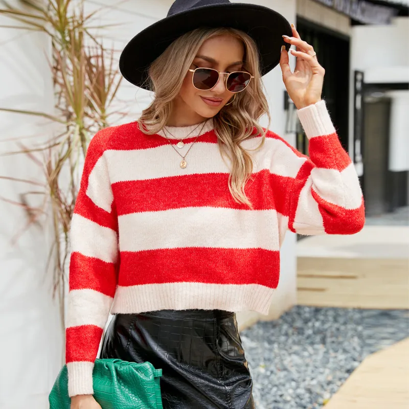Damen Herbst Winter Lässiger Cropped Rundhals Gestreifter Kontrast Mohair-ähnlicher Strickpullover Lockerer Langarm Strickoberteil