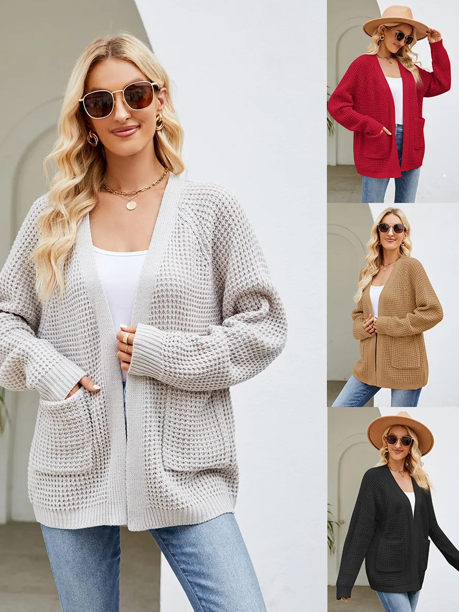 Damen Acryl Waffelstrick Strickjacke Locker Langarm Offene Vorderseite Oberbekleidung Mit Taschen Herbst Winter Vintage Einfarbig Top